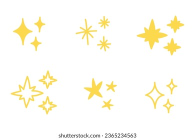 Clipart set of cute kawaii stars isolated on white background. Yellow hand-drawn elements of different shapes and sizes, decor.