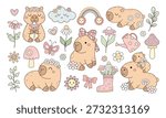 Clipart set of cute spring capybaras, flowers, mushrooms and seasonal objects. Kawaii summer capybara illustration in cartoon style, Blooming hand drawn kids collection.