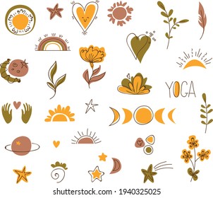 Clipart set of decor, lettering yoga, flowers, sun, moon, hands. Sports, fitness, worth, development, vegetarianism. Retro style. Decor for decoration. Vector illustration in cartoon style.