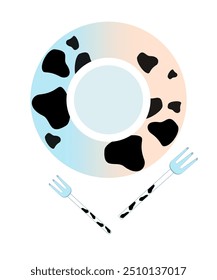 A clipart from a set of dishes for children and adults with milk and cow print accessories. Black specks, Dalmatian.