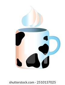 A clipart from a set of dishes for children and adults with milk and cow print accessories. Black specks, Dalmatian.