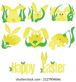 Clipart set with Easter bunnies, symbolic animals in the grass and a festive inscription vector illustration