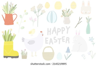 clipart set with easter elements, eggs, bunnies, botany, design and print
