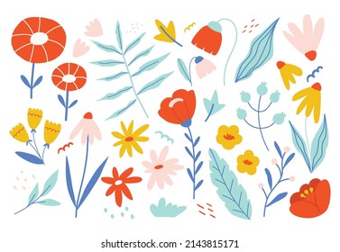 Clipart set with flowers and leaves. Vector floral elements