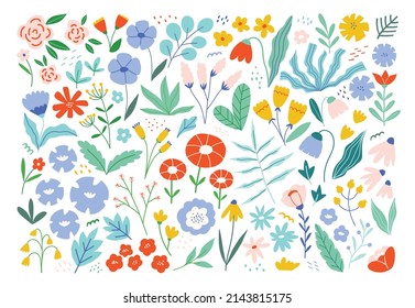 Clipart set with flowers and leaves. Vector floral elements