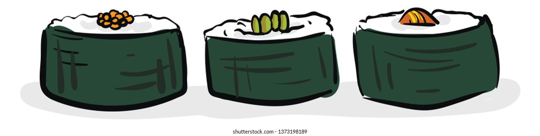 Clipart of a set of green-colored sushi a famous Japanese dish made from seasoned rice with fish egg or vegetables vector color drawing or illustration 