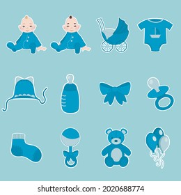 Clipart, a set of illustrations on the theme of newborns and babies. 12 objects. 2 children and the rest of the stuff. Blue color