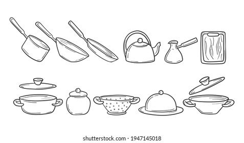 Clip-art set of kitchen tools in a hand-drawn sketch. Cooking utensils in doodle style. Pans, pots, kettle. Vector illustration isolated on white background.