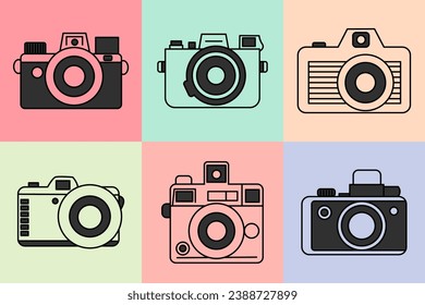 Clipart set of minimalistic retro camera doodles on a background of bright blocks. Playful vintage film cameras, seamless geometric pattern.