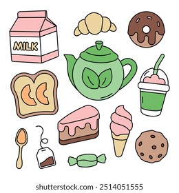 Clipart sobre fondo blanco. Ilustración de comida. Lindo diseño de estilo kawaii. Vector Gráficos de té, café, leche, pastelería, dulces.