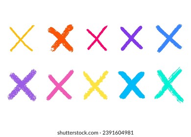 Clipart set of pastel textured doodle hand drawn crosses, checkmarks isolated on white background. Minimalistic vector elements in bright colors.