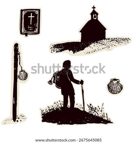 Clipart set pilgrim figure with rucksack, bible, shell, staff stick. Church sanctuary for Canterbury pilgrims way or Camino religious pilgrimage walk. Hospitality sacred bible vector icon black motif