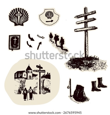 Clipart set pilgrim figures with rucksack, marian shell, staff stick. Church sanctuary for Canterbury pilgrims way or European Camino religious pilgrimage walk. Christian walkers vector icon motif