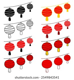 Conjunto de clipart. Ícones de lanterna vermelha. Cor simples, variações de contorno, lâmpadas esféricas redondas triplas. Ano Novo Lunar, Chinês, Asiático, Festival Lanterna, celebração. Asiático, oriental, elementos de arte de design