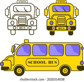 Clipart set with school bus drawing in outline and flat style