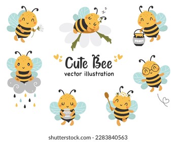 Clipkunstsatz für den Frühling mit kawaii Cute Bee. Cartoon-Tiere, Vektorgrafik. Bienensticker. Design ist ideal für die Erstellung von Geburtstagseinladungen, Grußkarten, Kinderbekleidung, Kinderwandkunst und mehr