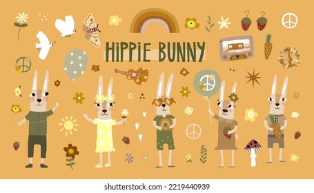 Clipart. Conjunto de pegatinas de conejitos hippie al estilo boho. Numerosos elementos para decorar y mezclar composiciones. Ideal para tarjetas, invitaciones, merch.