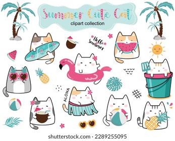 Clipart set for summer with kawaii Cute Cat. Flat cartoon vector illustration. Cat stickers. design is ideal for creating birthday invites, greeting cards, kids clothes, nursery wall art and more