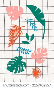 Clipart set. Vector hand drawn background with checkered line and tropical leaves. Summer design. Background for laptop cover, notepad, phone case print, wallpaper, poster, textile.