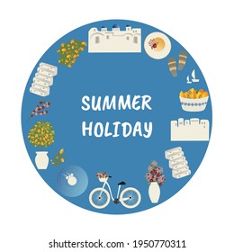Clipart, set of vector illustrations summer travel concept. Abstract place, fruits, flowers and travel items. Travel Vector illustrations and design