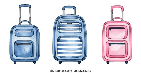 clipart set of vintage brown travel suitcases. Hand-painted design, perfect for travel blogs, adventure themes, packing guides, or retro decor. High quality and isolated on white.