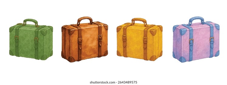 clipart set of vintage brown travel suitcases. Hand-painted design, perfect for travel blogs, adventure themes, packing guides, or retro decor. High quality and isolated on white.