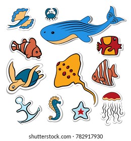 Clipart.  Shells, fish, deep-sea animals of the sea and ocean Beautiful marine aquarium. Isolated on white background. Vector illustration
