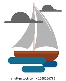 Clipart of a ship with the stem and hull in brown color jib and mainsail in grey color is a historic tall ship and sails across the sea on a cloudy day  vector  color drawing or illustration