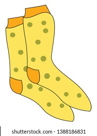 Clipart of a showcase yellow-colored pair of socks with pretty eye-catching green polka designs and  cuff and heel turn in orange color  vector  color drawing or illustration