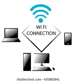 Clip-art showing three different gadgets with wifi connection.