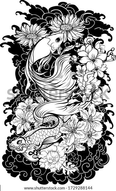 Clipart Siamese fighting fish or betta fish
swimming in Japanese wave with peony and daisy flowers for hand
drawn tattoo art design in  geometric and circular ornament
frame.Arm sleeve
tattoo.