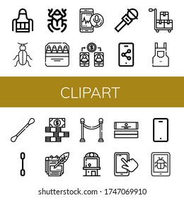 clipart simple icons set. Contains such icons as Apron, Beetle, Pencils, Smartphone, Microphone, Cart, Cotton swabs, Cotton swab, Dollar bills, can be used for web, mobile and logo