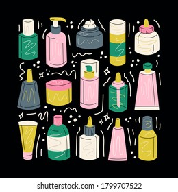 Cuidados de clípart conjunto de vectores de coloridos frascos de cosméticos, tubos, cremas naturales, botellas de suero, ecológicos. Ilustración plana aislada de diferentes productos de belleza en estilo doodle dibujado a mano.