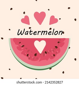 Clipart with a slice of watermelon and the inscription watermelon on the background of a pattern of seeds