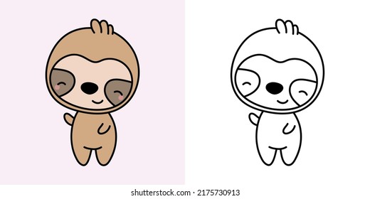 Clipart Sloth Multicolored and Black and White. Cute Clip Art Sloth. Vector Illustration of a Kawaii Animal for Stickers, Baby Shower, Coloring Pages, Prints for Clothes