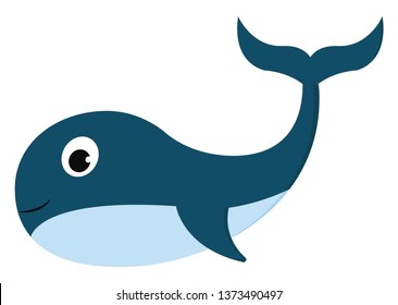 Clipart of a smiling blue-colored whale while swimming has a streamlined torpedo-shaped body with fins curved backward and a big round eye vector color drawing or illustration 