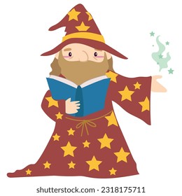 Clipart of sorcerer or wizard reading the spell book. Medieval fairytale a male sorcerer or wizard cartoon character. Vector outline fantasy monarch kingdom.