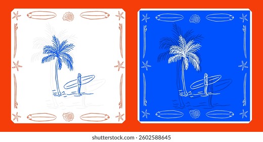 Clipart surfer with surfing board under palm tree retro