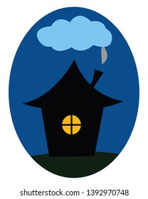 Clipart of a thatched house with fumes coming out of the chimney and reaching the clouds of the sky at night over blue background  vector  color drawing or illustration