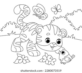 Clipart tiger cub and parrot for coloring. Black and white linear image of an animal and a bird. baby picture vector