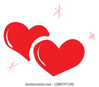 Clipart de dois corações vermelhos deitados um acima do outro com poucas estrelas rosa cintilantes simbolizam amor vetor cor desenho ou ilustração