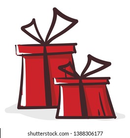 Clipart of two red-colored rectangular gift boxes tied individually with black ribbons and topped with bows  vector  color drawing or illustration