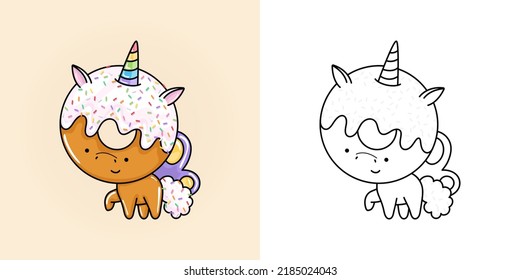 Clipart Unicorn Multicolored and Black and White. Cute Clip Art Unicorn Donut. Vector Illustration of a Kawaii Animal for Stickers, Baby Shower, Coloring Pages, Prints for Clothes.
 svg