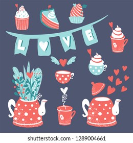 Clipart for Valentine's day go wedding. ute sweets and a teapot with flowers and hearts. Banner with the love capital letters