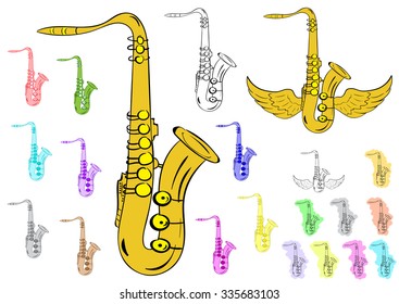 Clipart with various color contours and saxophones