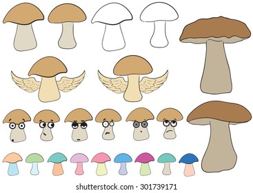Clipart with various multi-colored big-eyed mushrooms and contours