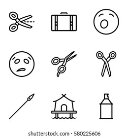 clipart vector icons. Set of 9 clipart outline icons such as barber scissors, spray paint, tent, suitcase, spear, yawn emot, sweating emot