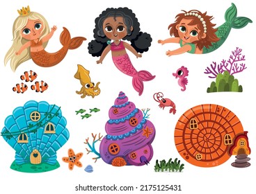 Clipart vector illustration set with cute mermaids and their houses.
