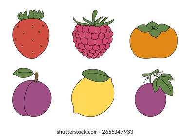 Conjunto de Ilustración vectorial Clipart de fresa, frambuesa, caqui, ciruela, limón, fruta de la pasión sobre fondo blanco