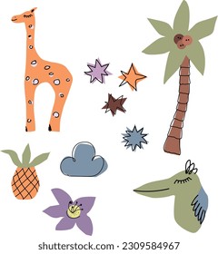 Clipart. Vector set of elements. Cartoon giraffe, toucan, palm tree, plants, pineapple, stars, cloud on a white background. Flat style.